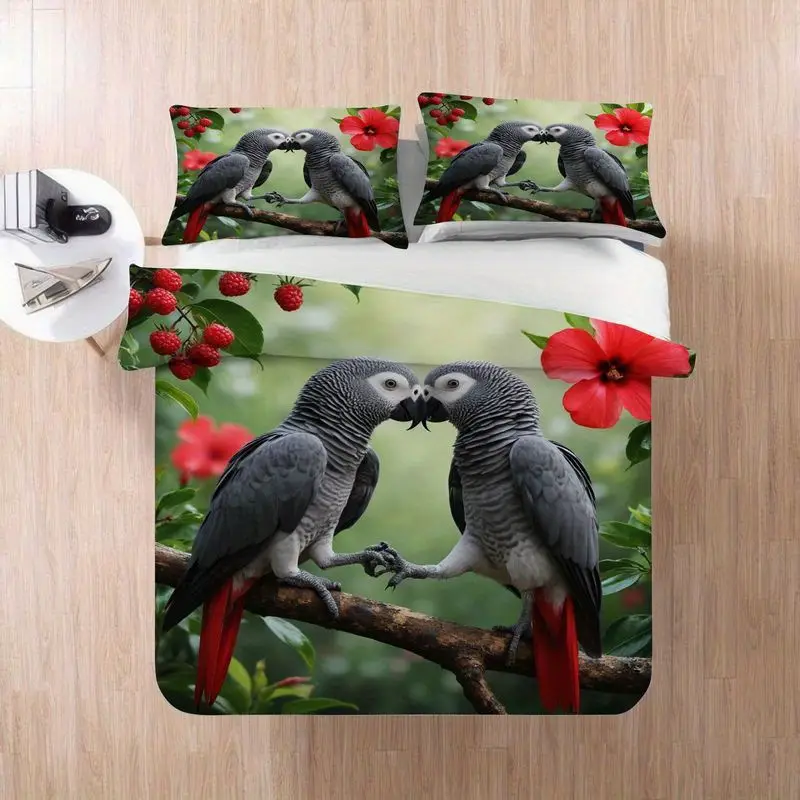 3pcs parrot duvet , bedding, romantic couples print, soft brushed microfiber for bedroom home decor 1 duvet +2 pillowcases, king size duvet , duvet set, bedding s, bedding comforter sets, bedroom decor, cozy bedroom, couple print, , textile, brushed fabric, pillowcase set, comforter set, couples gift, , quality bedding set, set, king size bed Product details 6