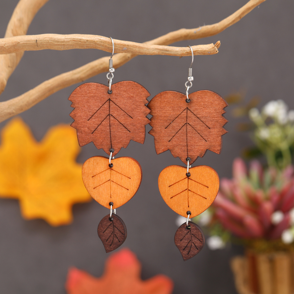 TEMU 1 Paire de Boucles d'Oreilles Longues Automne Hiver Vintage Marron Feuille Bois, Style Ethnique Dégradé Cœur Exagéré Feuille, Boucles d'Oreilles