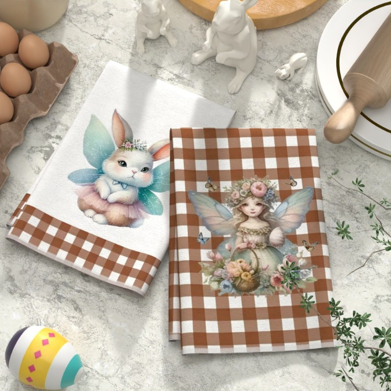 2pcs   rabbit & floral fairy kitchen towels - 45.72x66.04cm soft, absorbent polyester dish towels with gingham borders | whimsical design for home decor & gifting, festive dish towels|fairy themed decor|  dish towels, dish towels for kitchen details 2