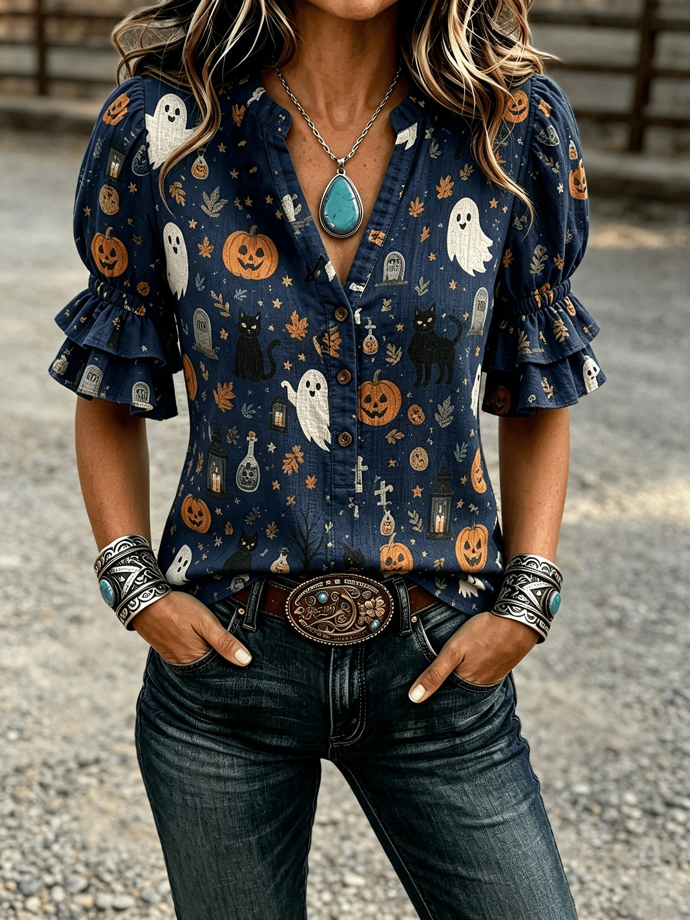 womens navy blue halloween ghost black cat   pumpkin print stand collar v neck double layer ruffle sleeve casual top