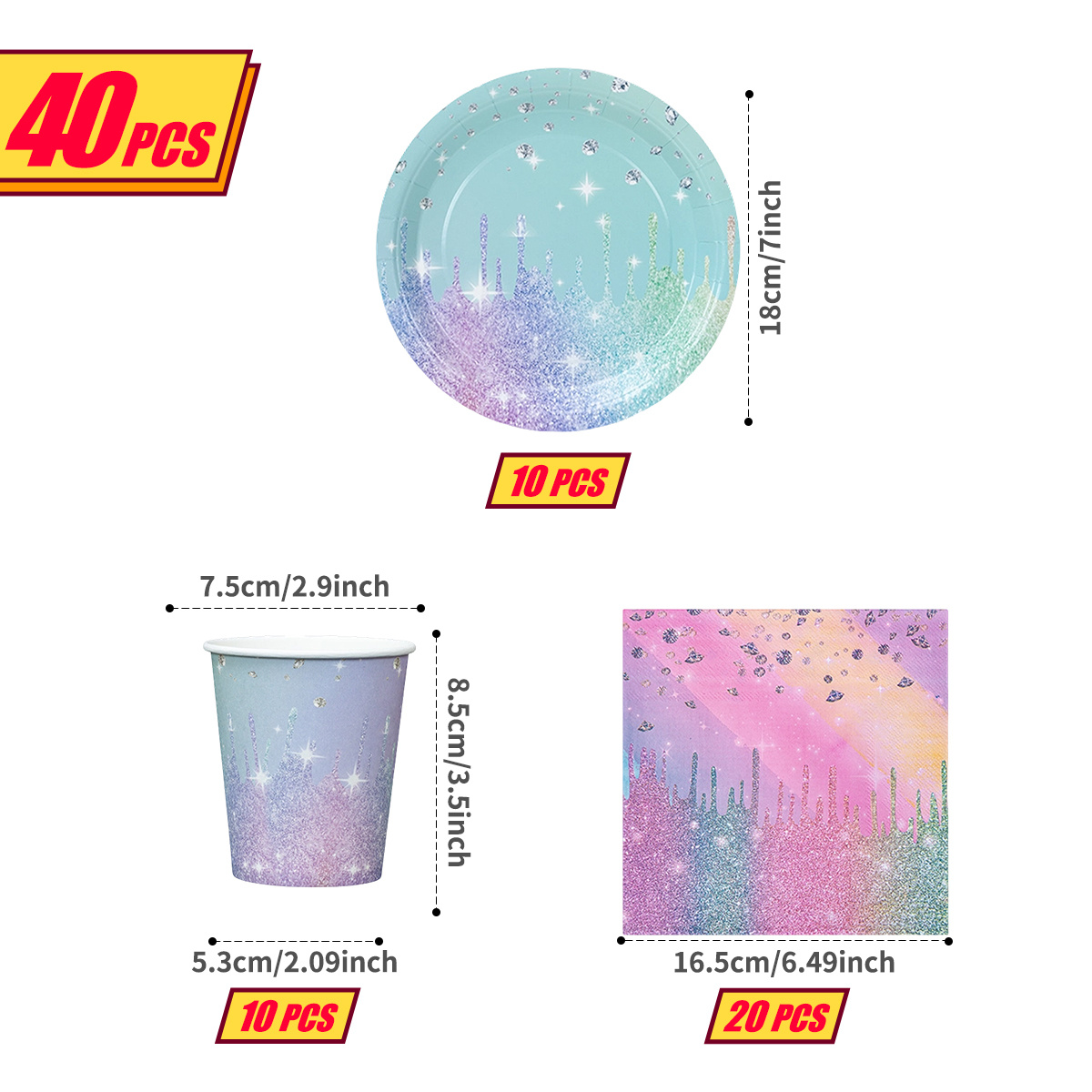 TEMU Set di stoviglie da festa usa e getta, 40 pezzi, con glitter sfumati e diamanti che piovono, stile , per feste di compleanno, t癡 pomeridiano, a
