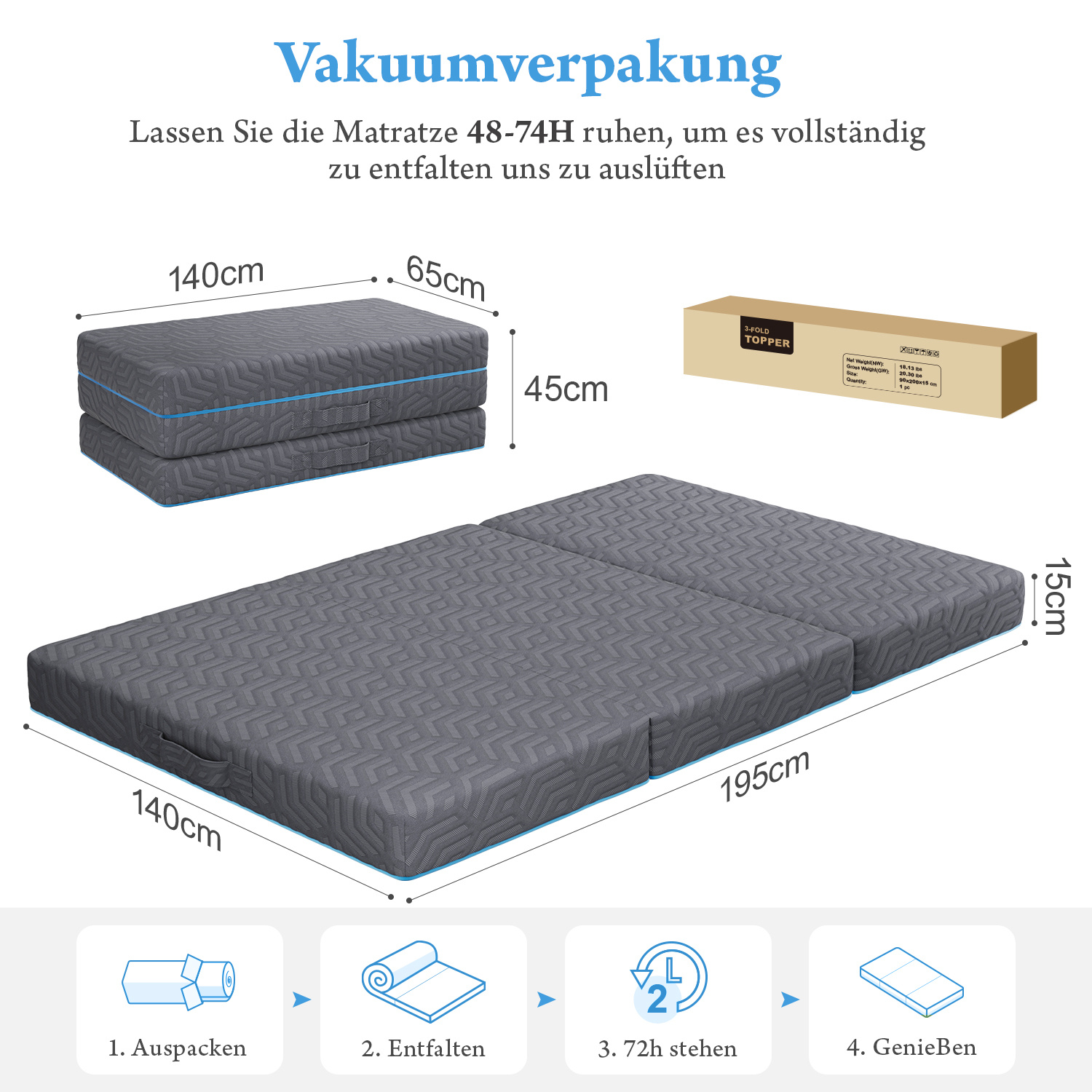 Folding Mattress Gel Memory Foam Foldable Mattress For Travel, Camping, Guest Bed