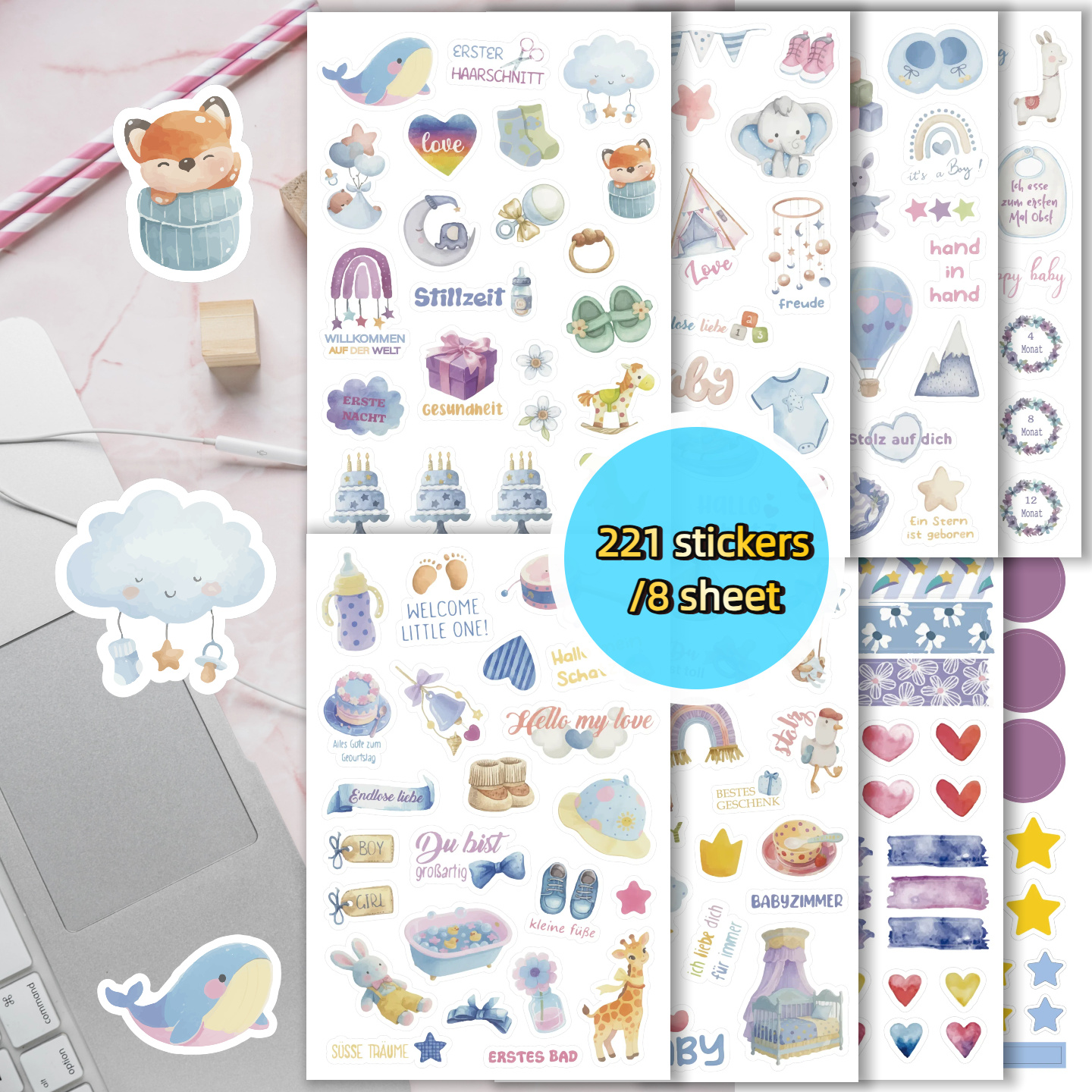 Sheets Containing 221 Stickers For , Designed To Capture Growth Milestones And Memories, With Watercolor Designs, Perfect For Embellishing Personal Journals