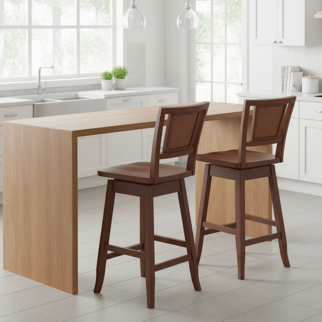 2pcs Swivel Bar Stools with 360° Rotating Seats & Rattan Backrest & Footrests - Heavy-Duty Rubber Wood Counter Height Chairs (24.5
