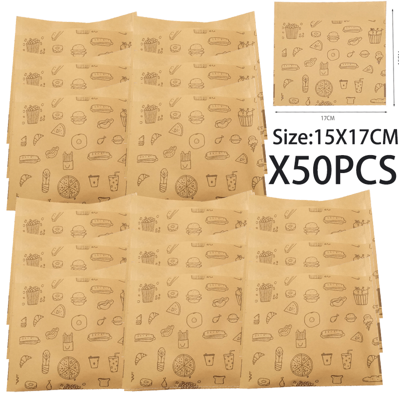 TEMU 50pcs Of Disposable Grease-resistant Paper Bags - Sheets For Baking, Wrapping Sandwiches And Burgers, Single-use Packaging For Desserts And Sandwiches,
