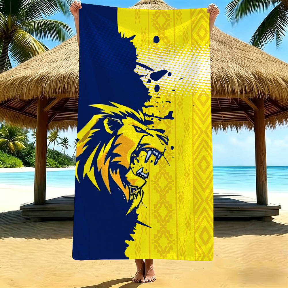 item picture 1pc trendy blue and   block lion theme beach towel ultra   bath towel large size   dry anti sand   absorbent towel suitable for beach swimming pool yoga fitness camping shower towel