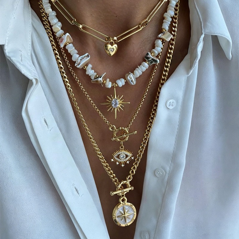 TEMU 4pcs Vintage Layered Necklace, Featuring Heart, Sunflower, Evil Eye, And Compass Pendants. Bohemian-style Clasp Jewelry, Versatile For Casual