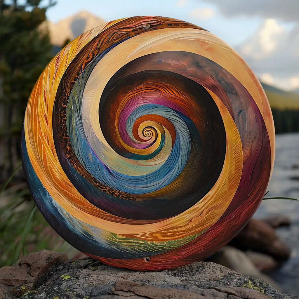 TEMU 1 Large Round Wooden Wall Decor - Modern Spiral Swirl Art, In Golden, Brown, Green, Red, Orange, Yellow - Weather-resistant Indoor/outdoor