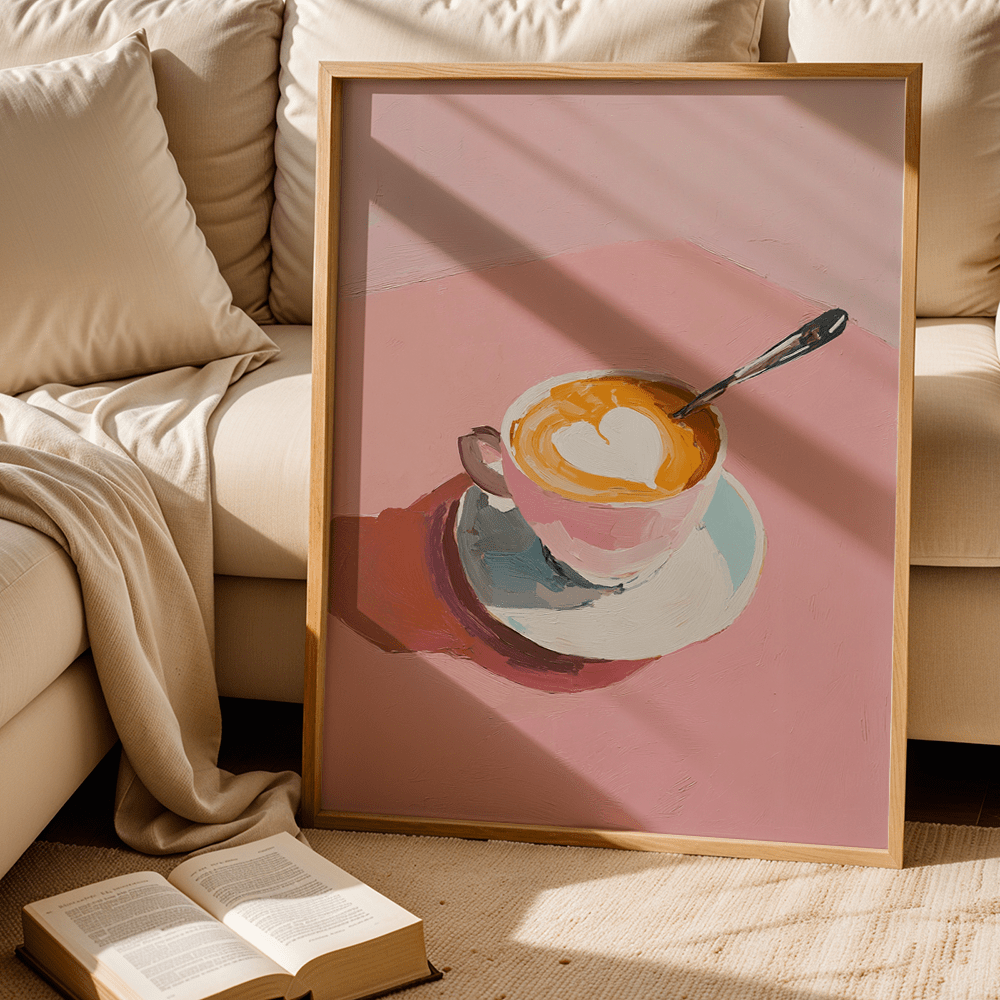 E-shop 2D Flach, 2D Flach, , Wanddekoration, Retro-Poster, minimalistischer rosa Kaffeehaus-Kunstdruck, Vintage-Kaffeebecher-Leinwandbild, auffällige
