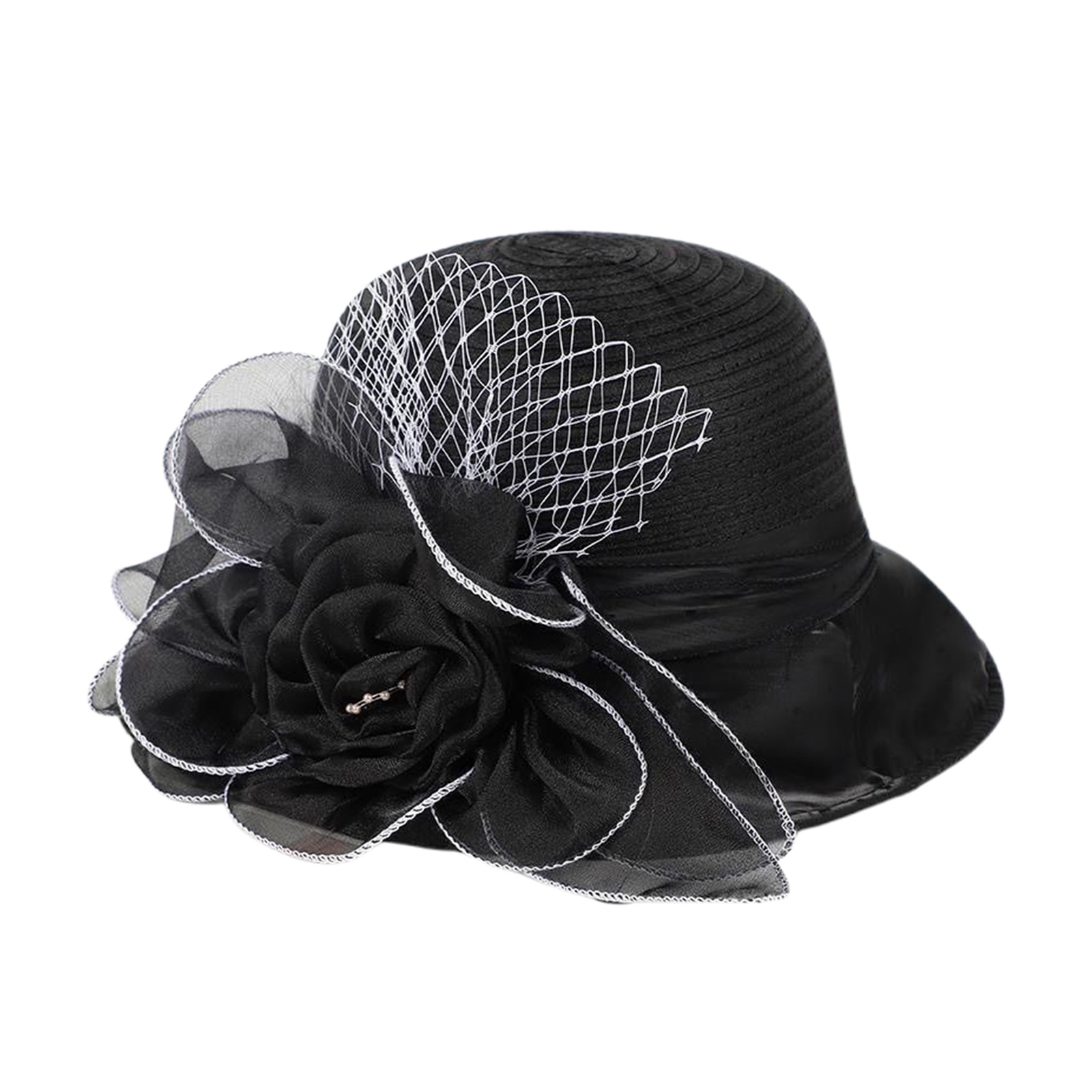Black Organza Wide Brim Church Dress Hat Floral Detail Like New Women main image 2
