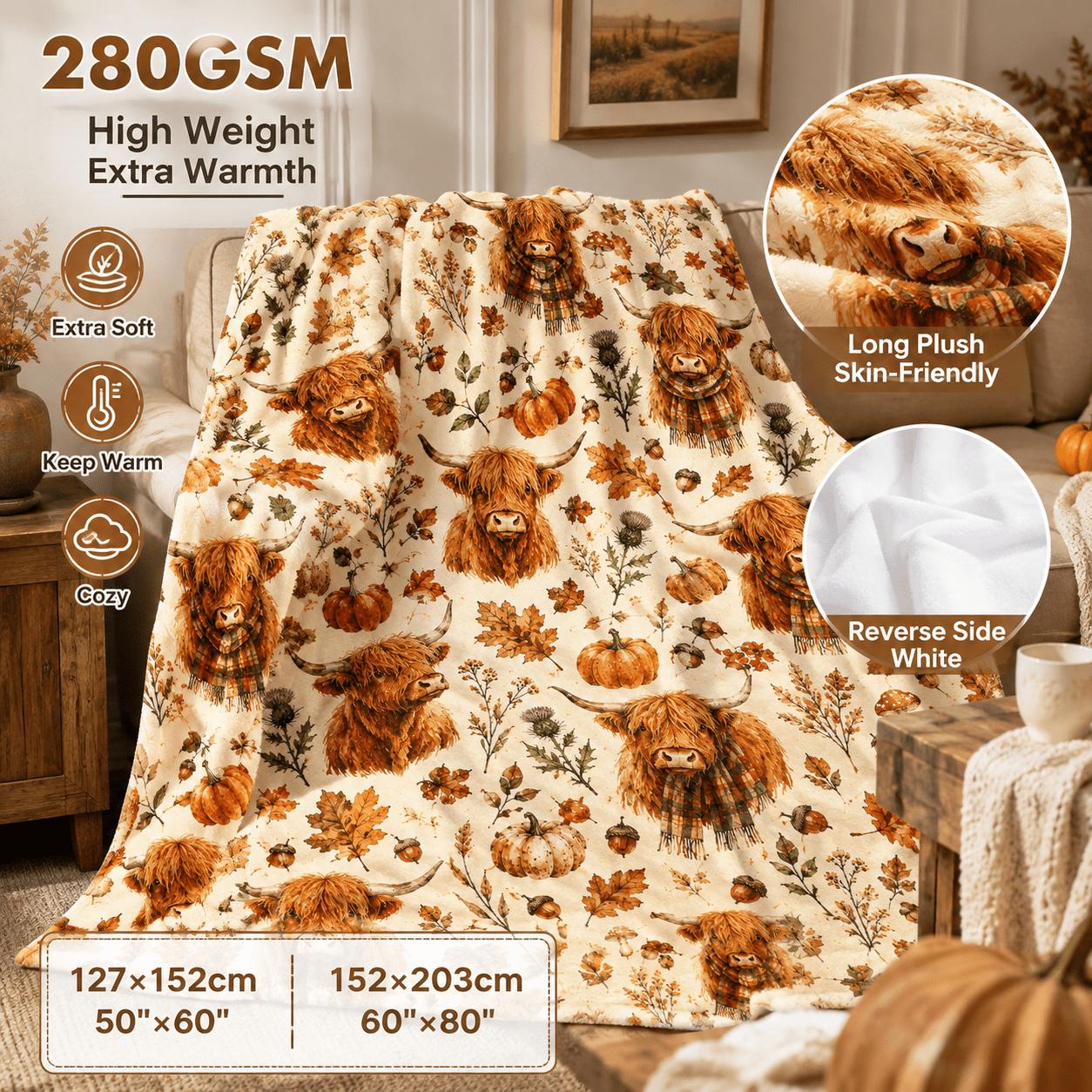 TEMU Premium 280gsm Thick Flannel Blanket, Heavyweight Warm Scottish Highland Cow Autumn Throw, Cozy Fleece