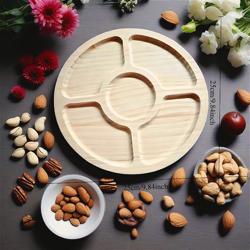 Solid Wood Snack Fruit Tray - 5/ 7-section Compartment Plate, Multi-functional Dining Plate, Perfect For Snacks, Candies, Fruits, Nuts Storage. Ideal For Home, Office, Stores, Or Gatherings