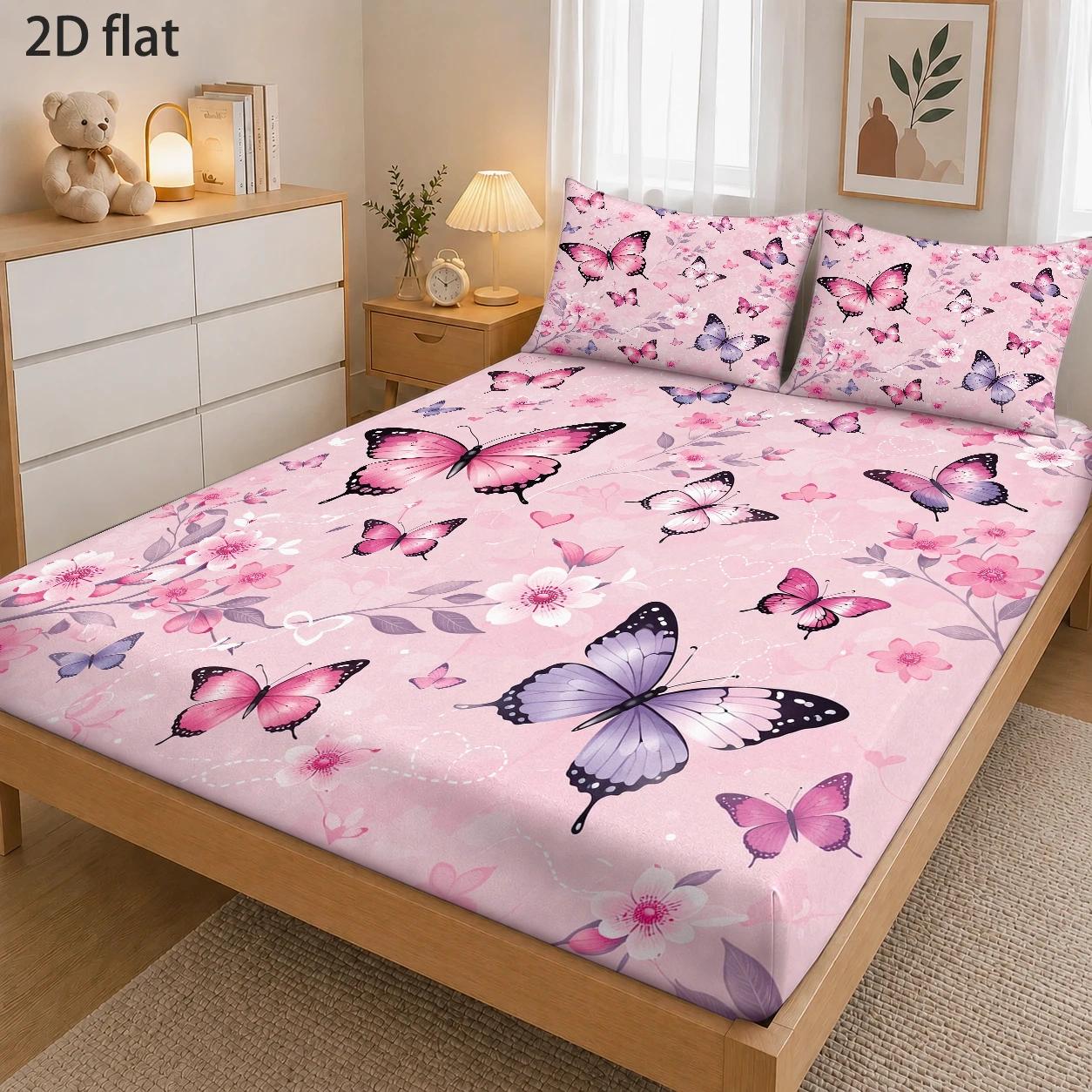 TEMU 3pcs Mattress Protector Set, 1pc Fitted Sheet And 2pcs Pillowcases (filling Not Included), Pink Floral Theme, Romantic Hand-painted Style,