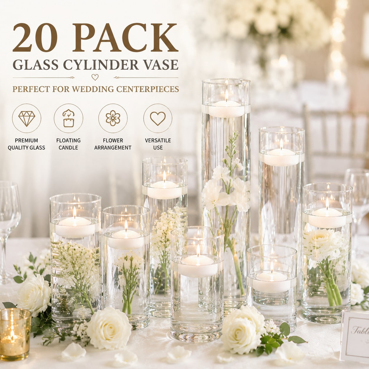 Image of 20-pack Clear Glass Cylinder Vases For Wedding Centerpieces, Floating Candle Holders, Flower Arrangement Vase Set, Table Decor For Wedding Reception, Party, Home Dining, Events