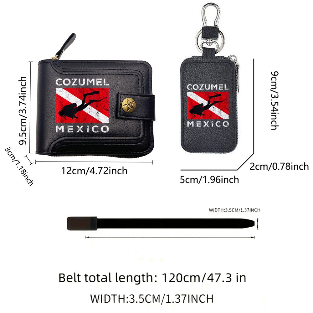 mens 3pcs wallet set with   diving adventure guide print premium wallet featuring multiple card slots zipper pocket and photo window stylish belt classic sturdy key pouch business casual daily accessory suitable as a gift for husband