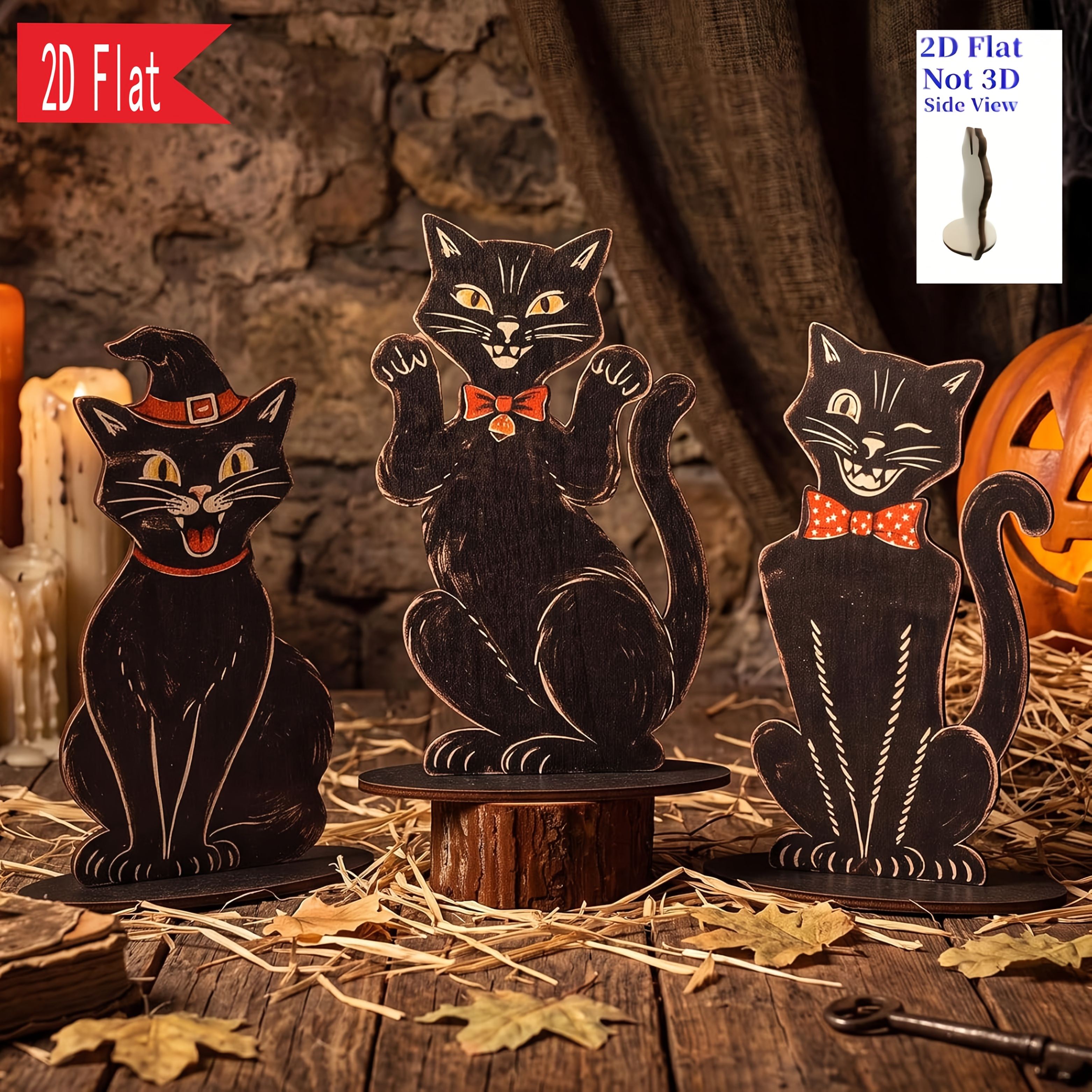 TEMU 2d Flat Cat Wooden Ornaments 3pcs Set, Different Shapes, Including Wizard Hat, Bow Tie And Fun Details, Full Of Retro Wood Texture. For