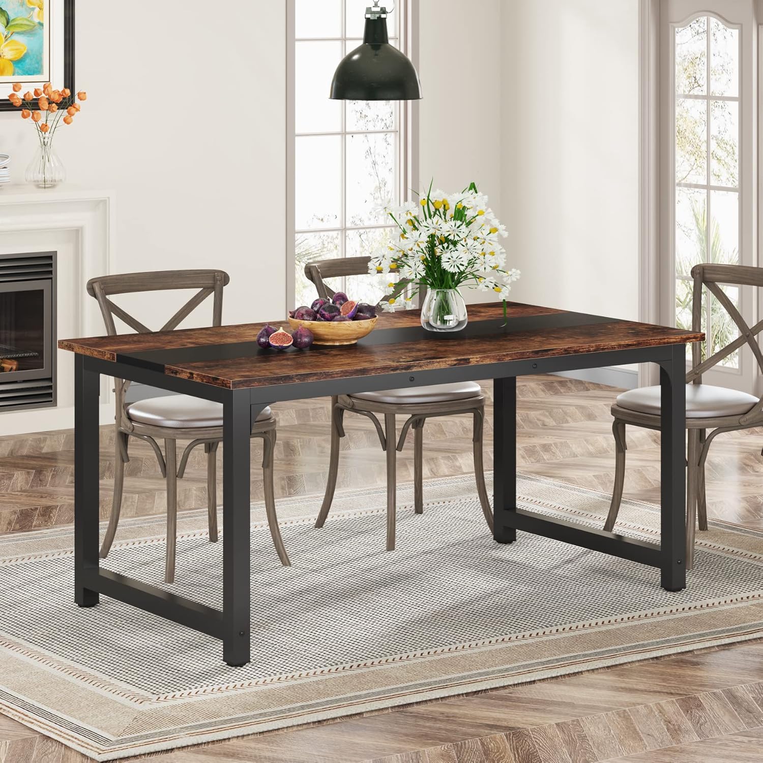 Image of Dining Table Measuring 63 Inches By Inches, Designed For 4 To 6 People, Featuring A Rectangular Shape Suitable For Dining Rooms, Kitchens, And Living Rooms, Equipped With Sturdy Metal Legs And A End