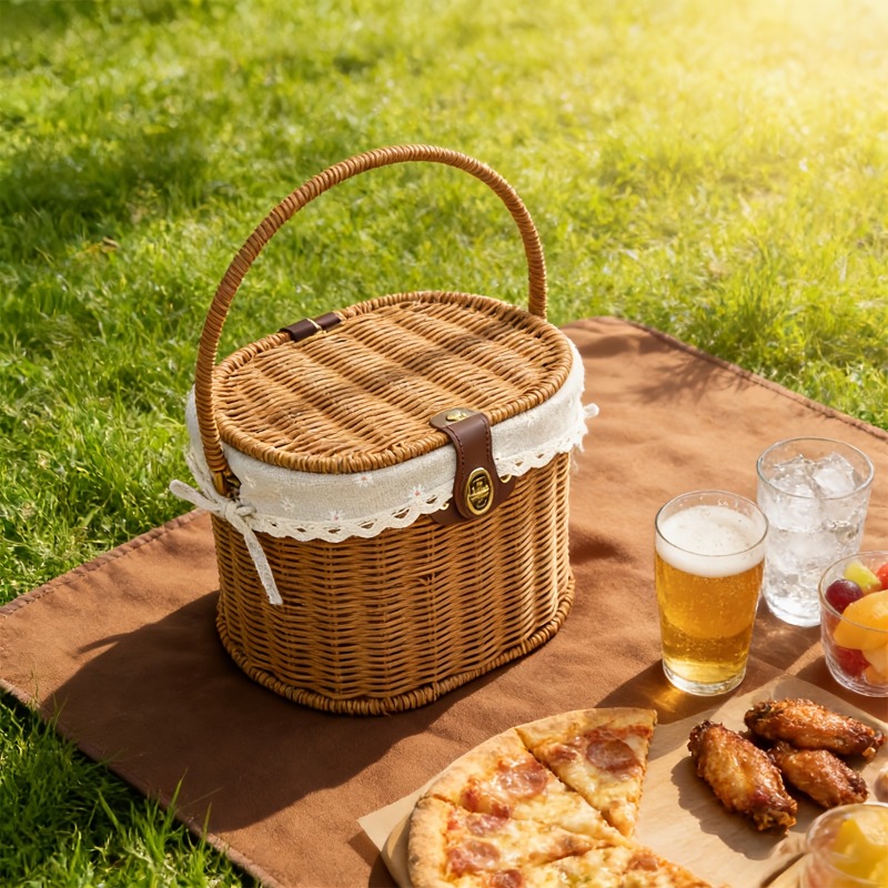 handmade portable picnic basket with lid large capacity   plastic strip storage basket stylish lightweight for outdoor   storage shelf basket shelf  