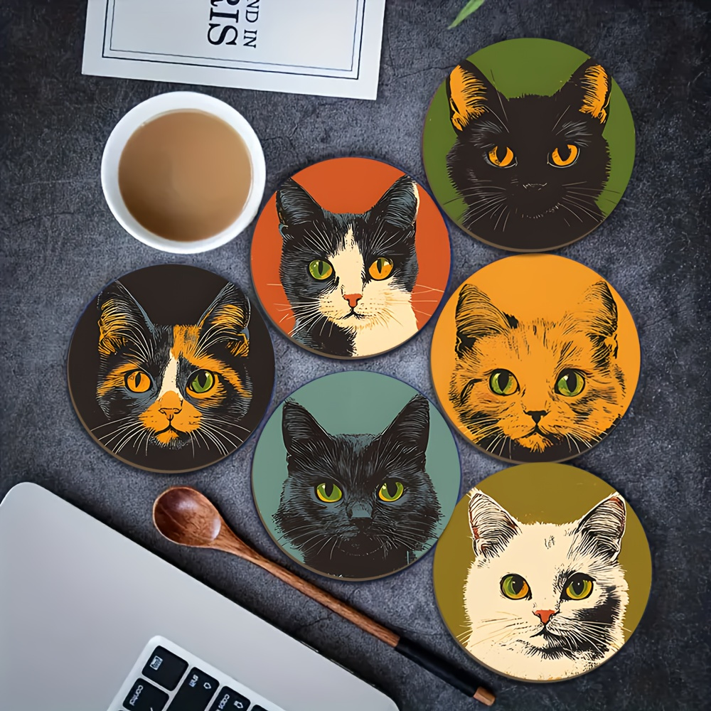 TEMU 6pcs Wooden Black Cat Coaster Set - Insulating, Non-slip And High-temperature Resistant Table Mats, Suitable For Home, Office And Themed Party