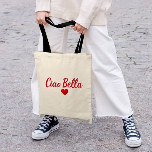 geantă de țesătură stilizată bella pentru femei - capacitate mare, design cu imprimeu 2d, perfectă pentru cumpărături, picnicuri și întâlniri cu , bej cu accent roșu, fund de poliester , bretele , geantă de umăr casual|design elegant de script|mâini puternice