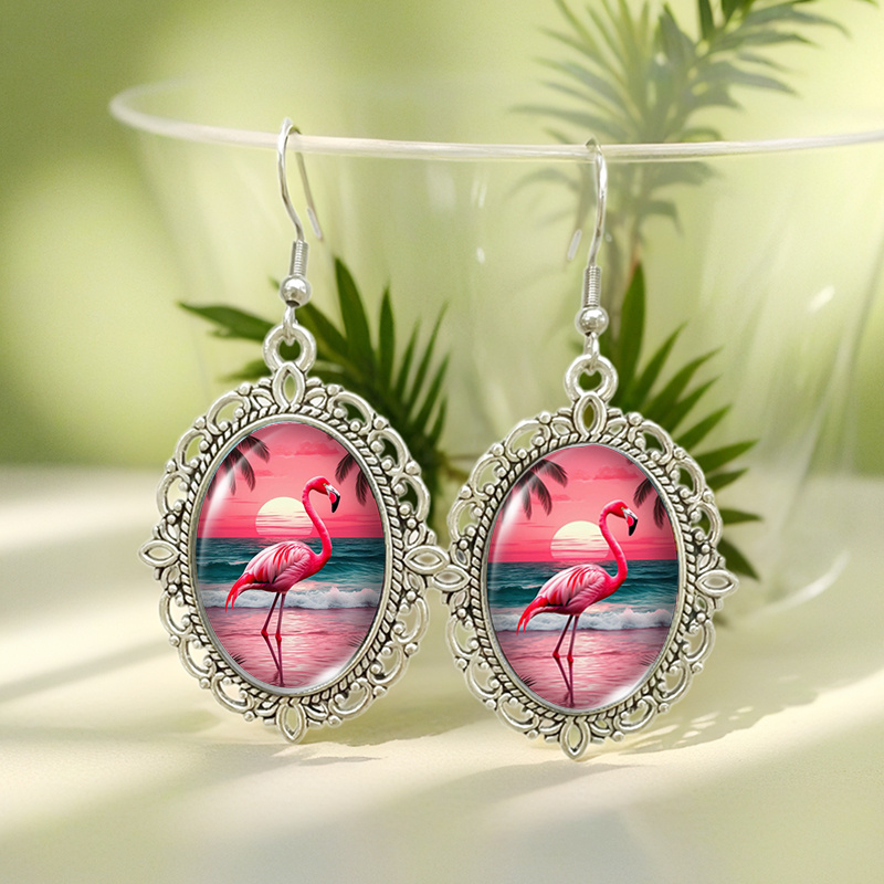TEMU 1 Pair Sunset Flamingo Oval Dangle Earrings Glass Dome Cabochon Earrings Handcraft Jewelry Gifts