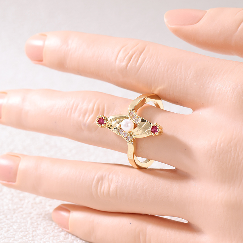 Wing-Shaped Plated Ring with Rose Red Synthetic Zirconia