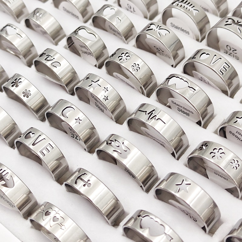 E-shop Großhandel 20 Stk./Packung Damenmode Stapelring Silberfarben Edelstahl Material Herren und Damen Hohlringe Größe 17mm-21mm Gemischte Liebe