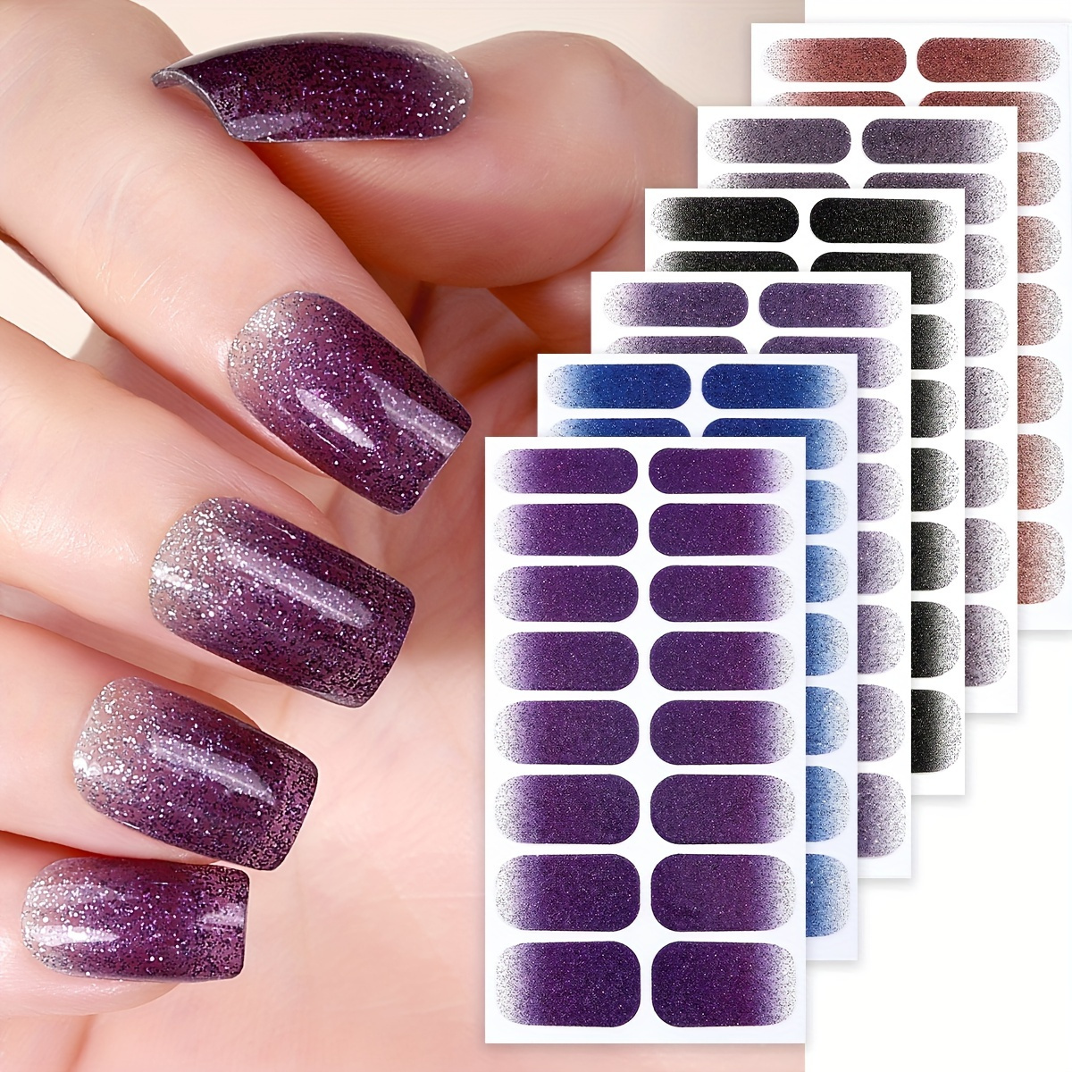 

6 Sheets Nail All-inclusive Nail Polish Strip, Purple Nail Gradient Glitter Self-adhesive Nail Sticker For Women Family Diy Self-use Nail Art Supplies Nail Art Kit