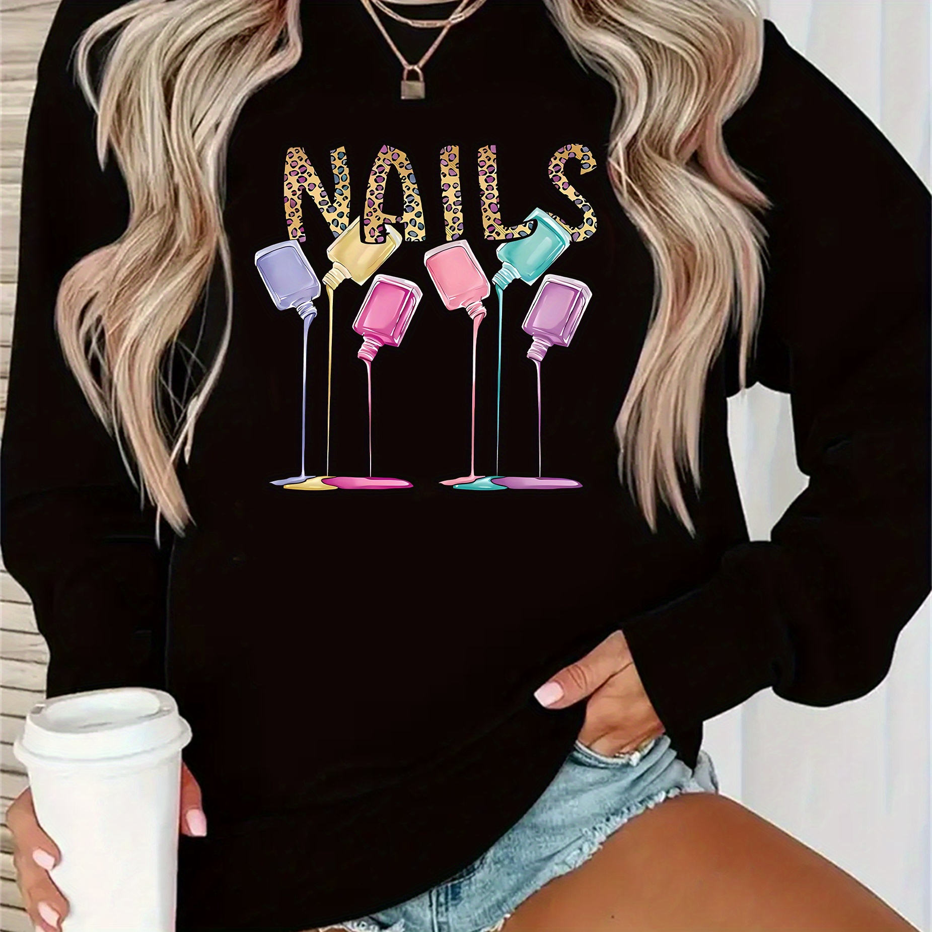 

Women' Nail Art Print Long Sleeve Sweatshirt, Cozy Round Neck Pullover, Casual Sports Hoodie, Polyester , Stretch Fabric, All , Adult Fit