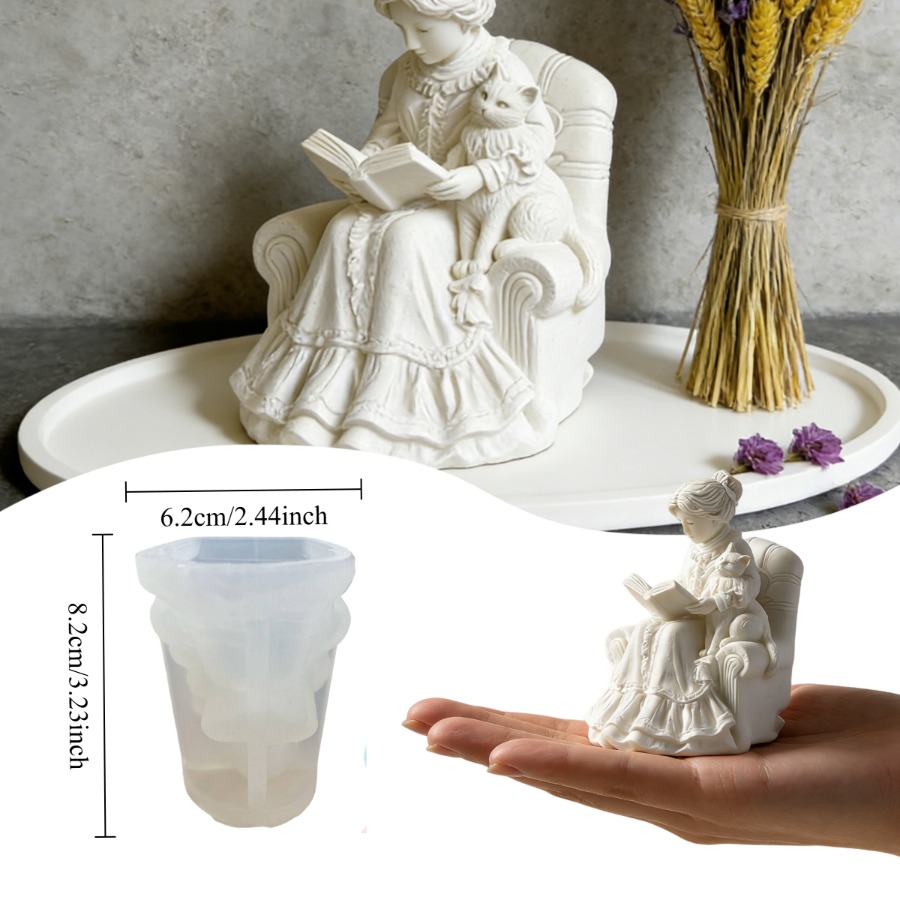 Silicone Mold For Resin Featuring A Cozy Reading Scene - Figurine Of A Woman With A Cat, Perfect For Book Lovers' Decor, Ideal For Study And Living Room, Easy To Remove For Crafters - 1pc