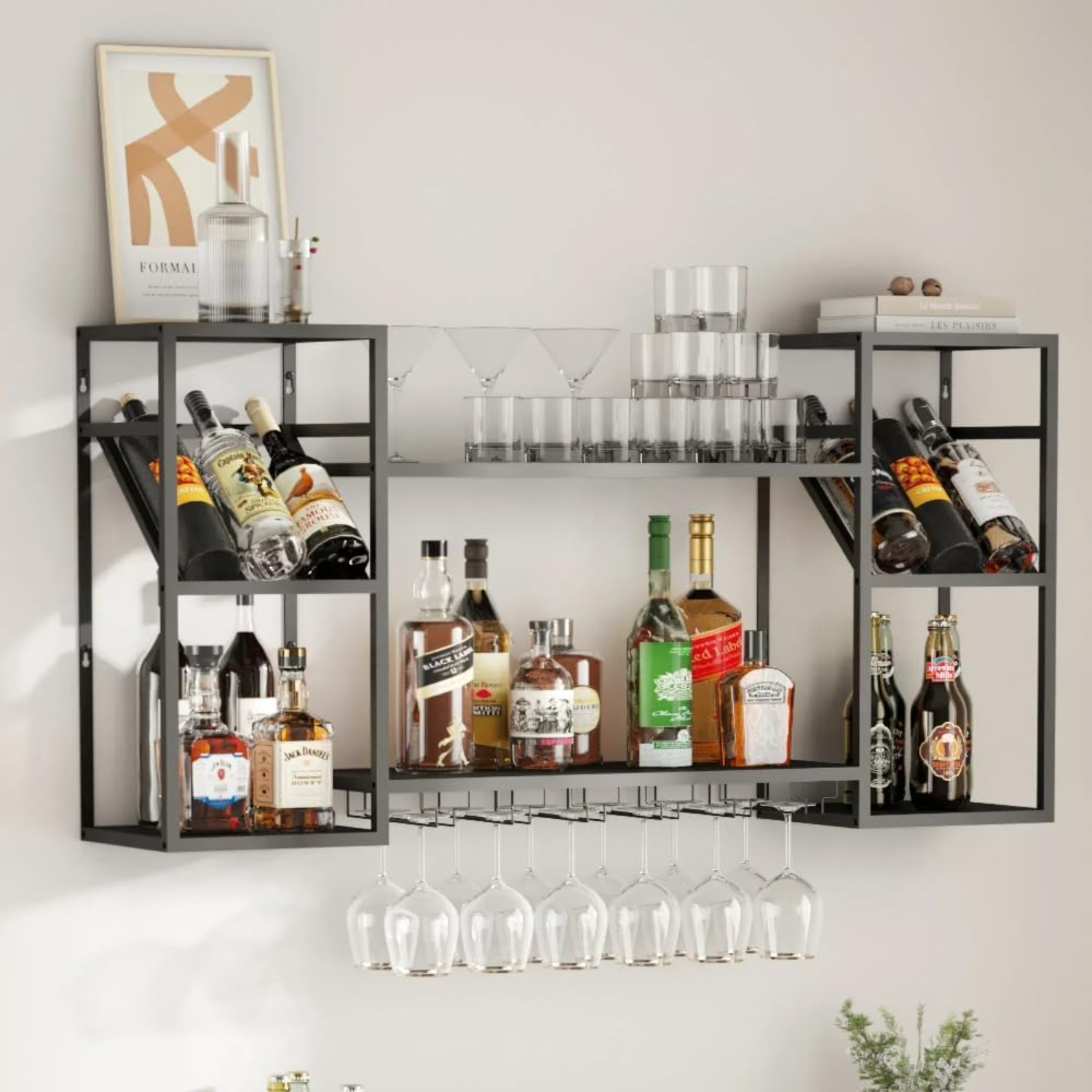 Image of Wall Mounted Wine Rack, Multi Functional Bar Shelves For Liquor Bottles With Glass Holder, Modern Metal Bar Shelves Wall Mounted For Home Bar, Kitchen