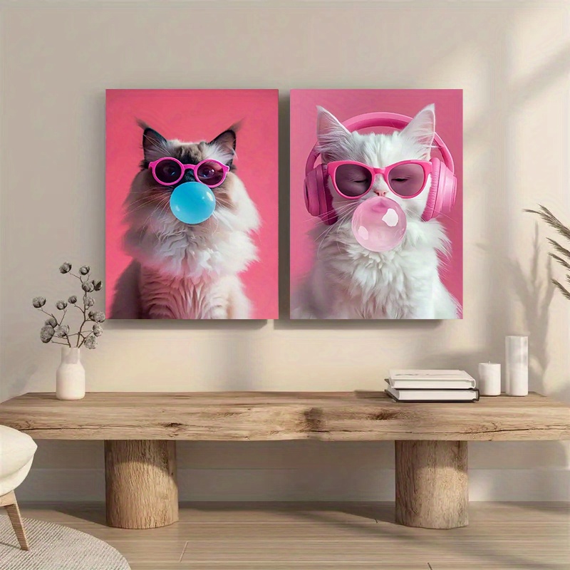 TEMU Ensemble de œuvres d'art 2D plates, représentant des chats portant des et des écouteurs, mâchant de à masticer. Art animalier adorable, peinture