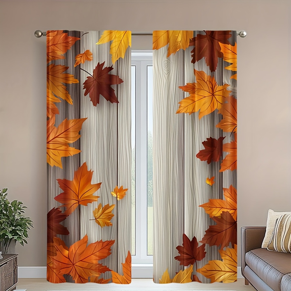 TEMU 2pcs Set Of Autumn Maple Leaf Printed Curtains - Fashionable Rod-, Suitable For Living Room, Office, Bedroom, Kitchen, Cafe, And Vacation Homes,