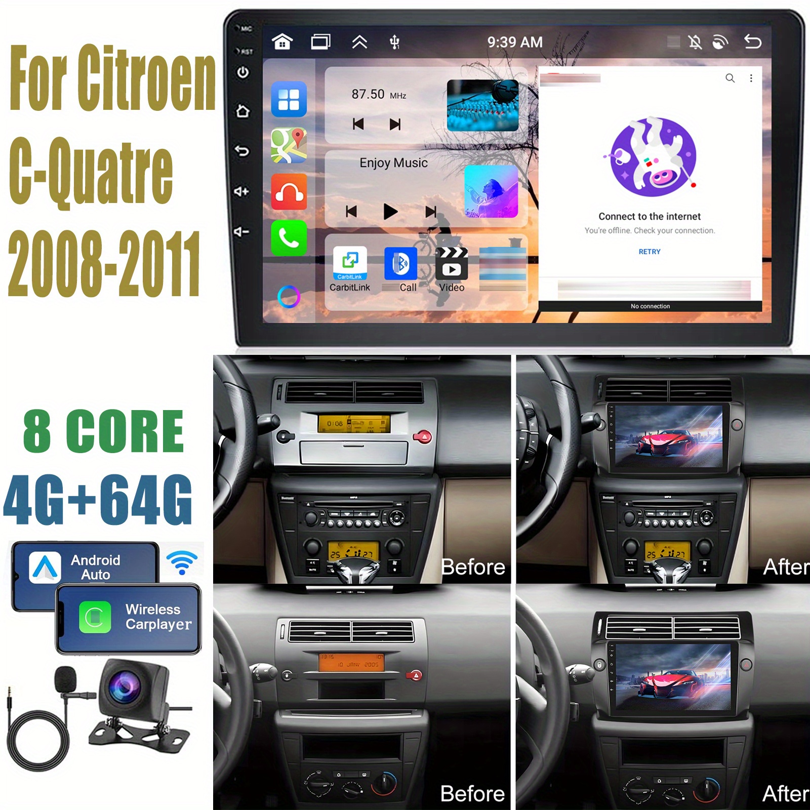 Image of [8 Core 4g+64g] Car Radio For C- 2008-2011, 9 Inch 2 Din Touchscreen With / Auto, B/t Gps Wifi 59ui Dsp Rds Mic Reversing Camera, Without Battery