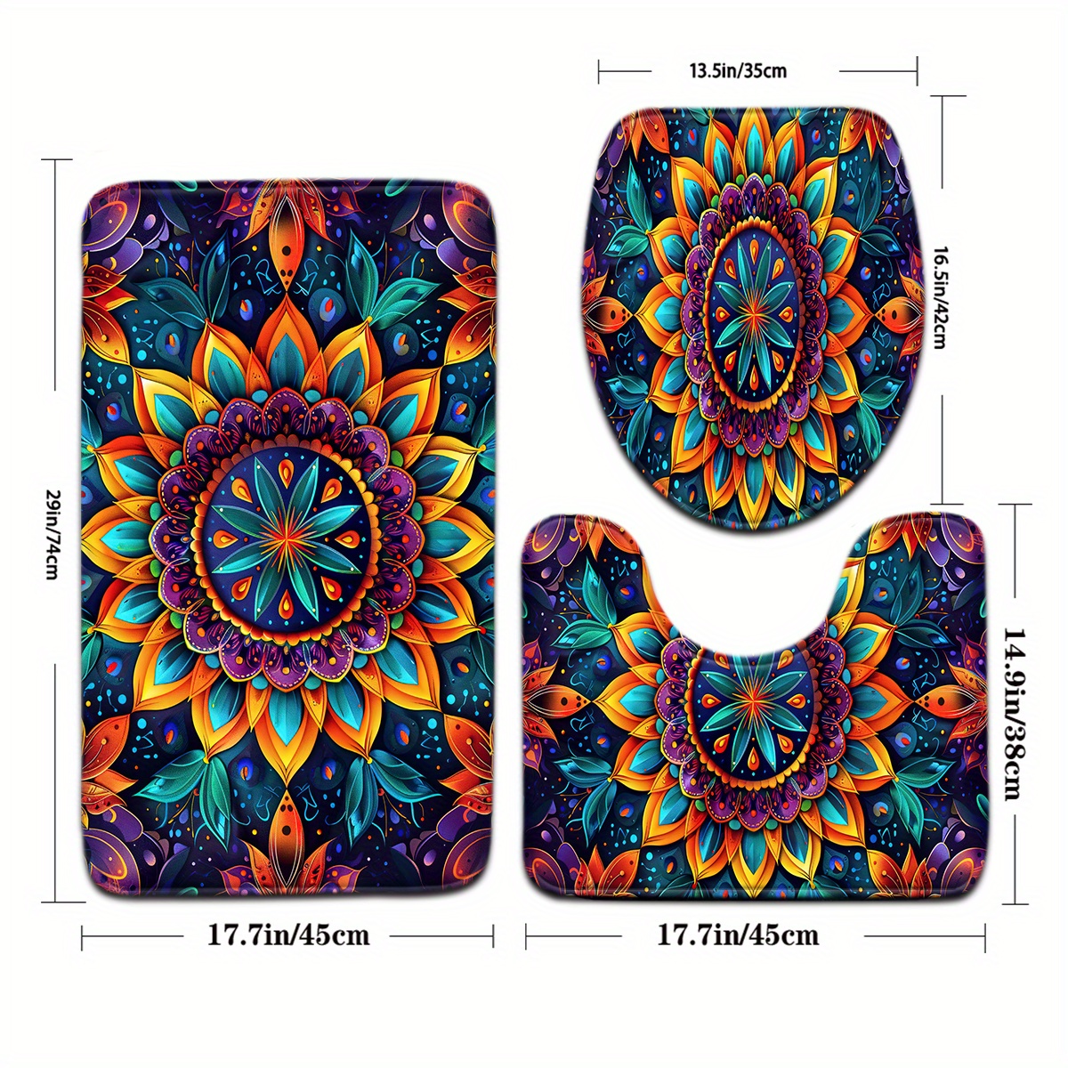 TEMU 3pcs Vintage Ethnic Style Colorful Mandala Flower Pattern Bathroom Mat Set With Toilet Lid And U-shaped Foot Pad