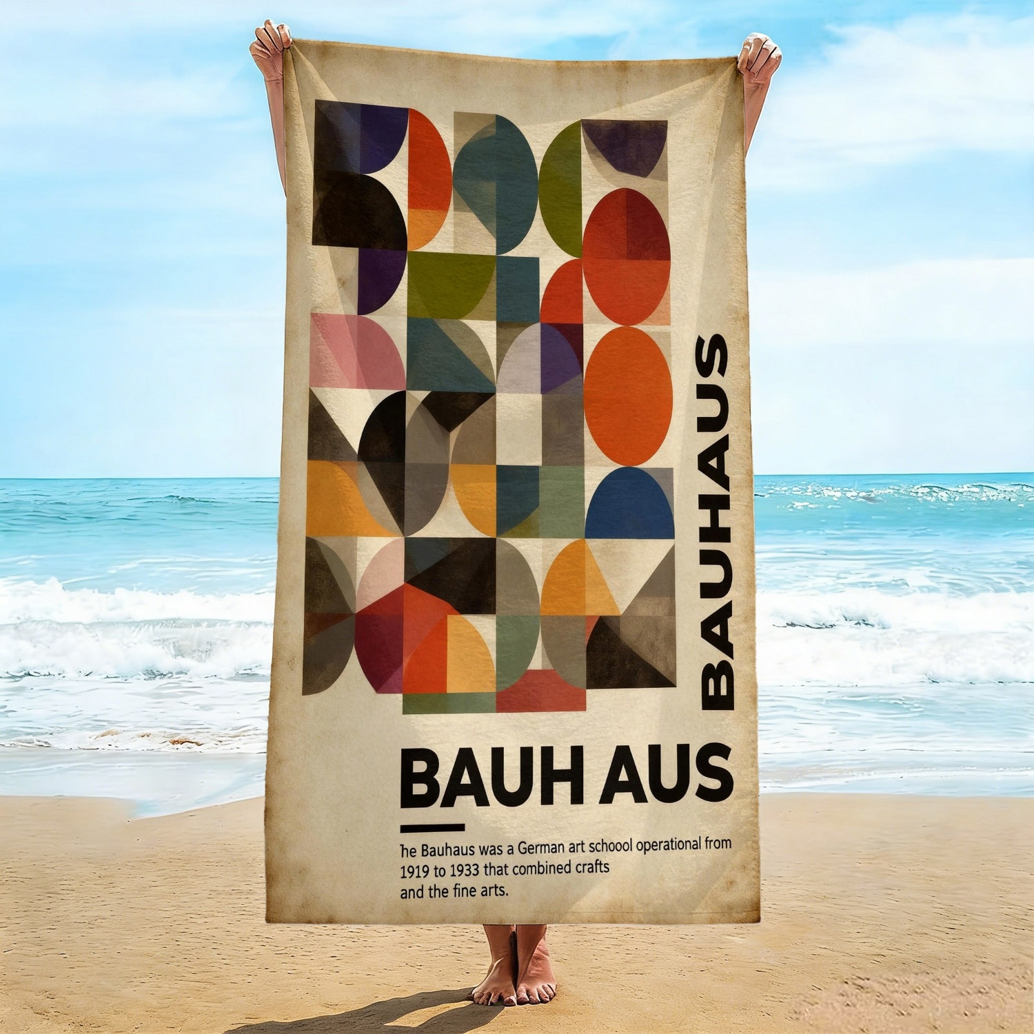 TEMU 1pc Bauhaus Vintage Geometric Beach Towel, Suitable For Beach, Swimming Pool, Bathtub, Yoga, Camping