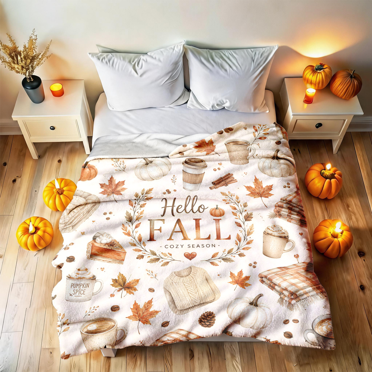 TEMU [2d Flat Printing] 1pc Autumn Warm Coffee Pumpkin Plaid Flannel Blanket With Hand-painted Theme - Large Size, Soft, Lightweight, And Warm,