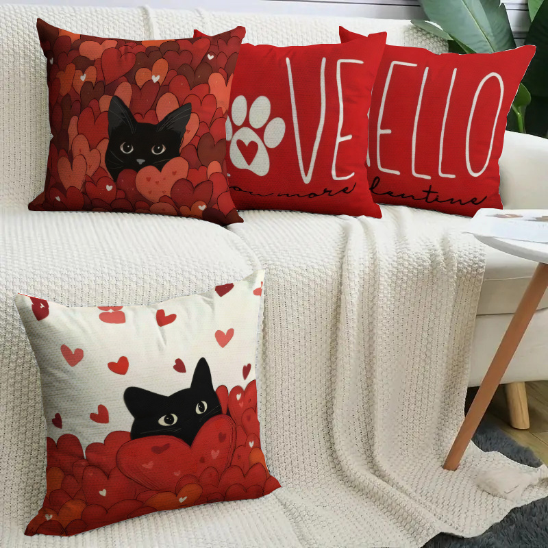 

4pcs Valentine's Day Pillow Covers, "" Black Cat Design, Anniversary Wedding Cushion Covers For Sofa Decoration, Zip Closure, Machine Washable