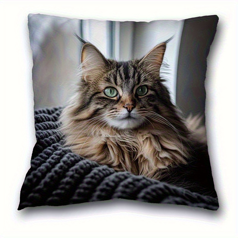TEMU 1pc Bohemian Fluffy Maine Coon Cat With , Soft And Smooth Polyester Fleece Fabric Decorative Pillow Cover, Single-sided Print Design, 17.7x17.7