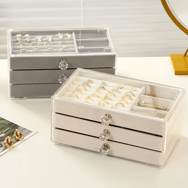   three layer flocked jewelry storage box fleece lining with acrylic display stand 3 drawers for organizing bracelets and rings exuding   Product details 5