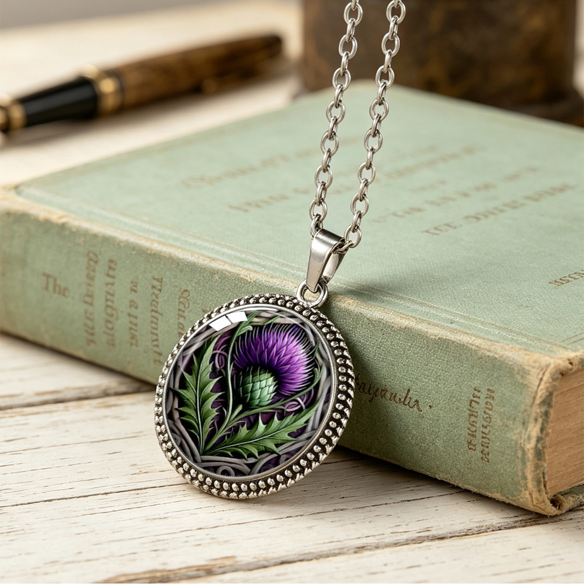 TEMU 1pc Retro Rhodium Plated-thisted Purple Thistle Flower Pendant Necklace Suitable For , Clasp, -free Round Botanical For Daily Wear, Parties,