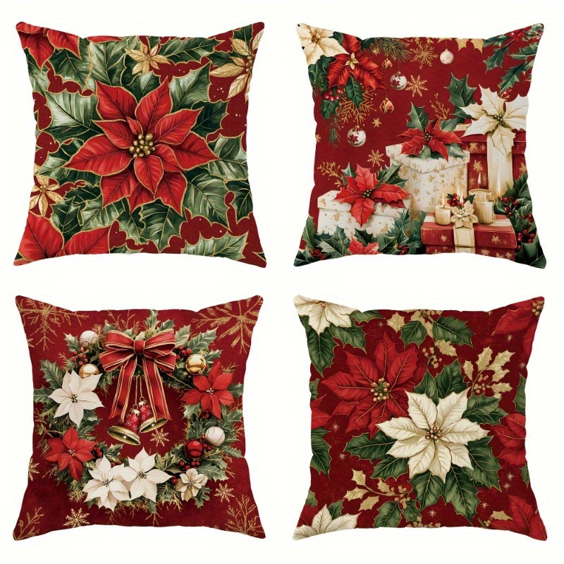 

4- Christmas 18x18 , Polyester , , Zippered, Red & Wreath , Decorative For Sofa (inserts Not Included)