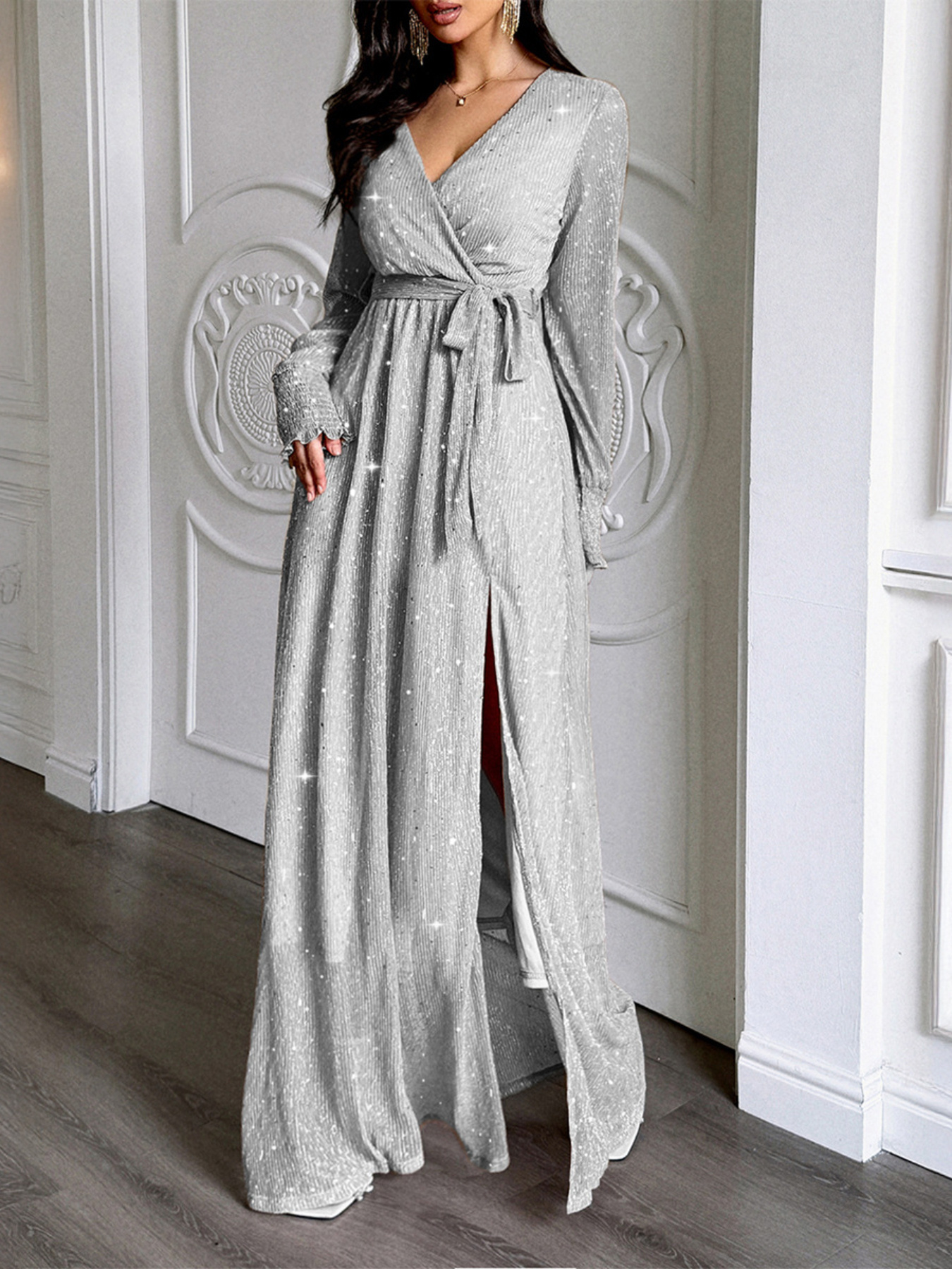 long sleeve gray formal dress Long Sleeve Beaded Long Formal Dress with Sheer Back Nude / 4