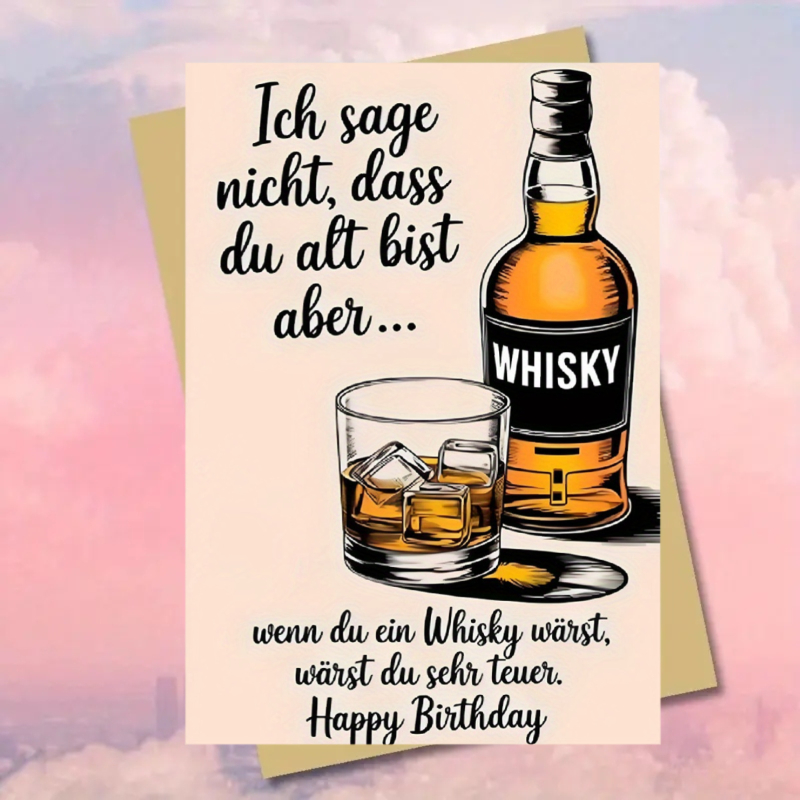 1pc Birthday Greeting Card Whiskey Bottle And Wine Glass Printed German Words Card For Birthday Celebration Scene