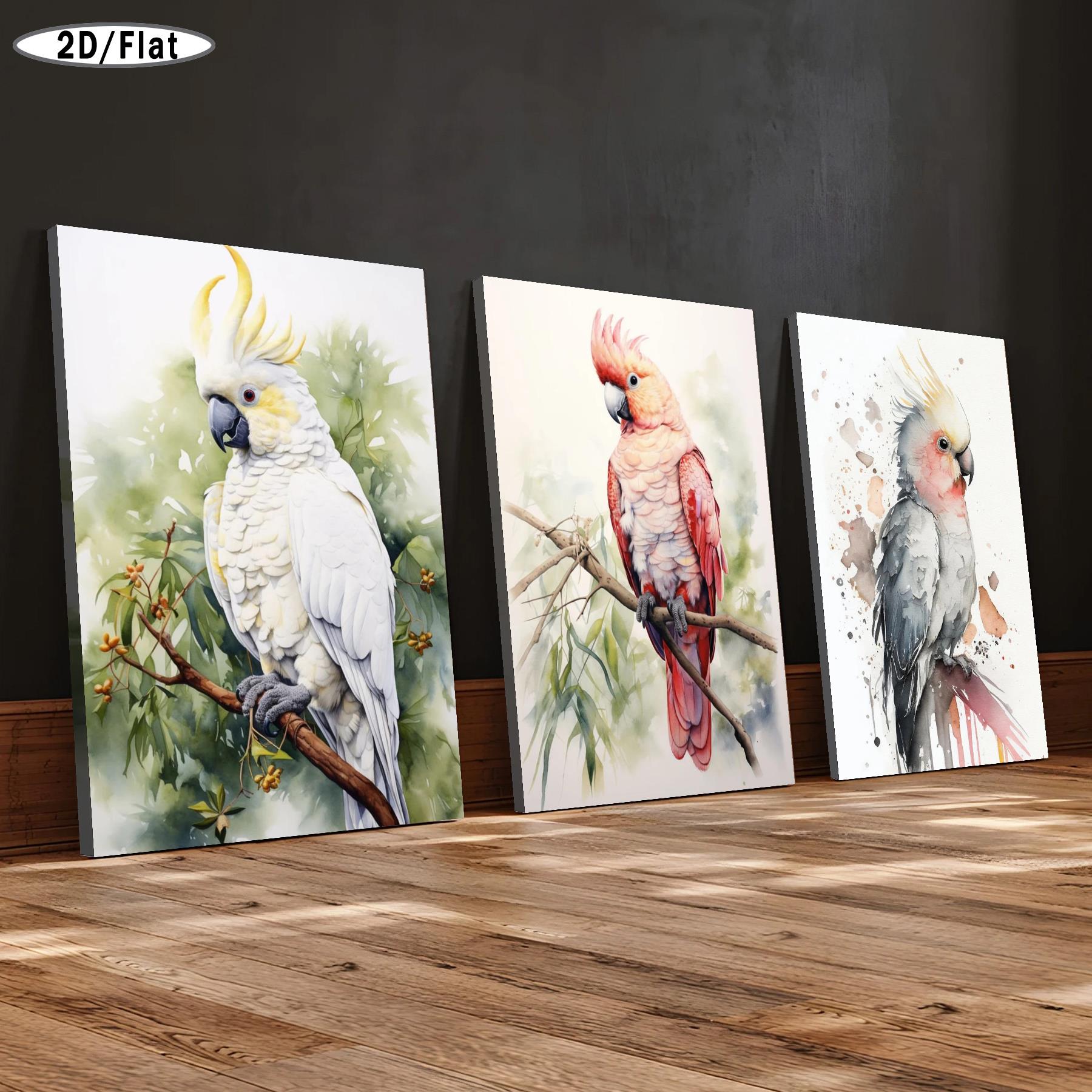 TEMU 2d Flat, 2d Flat, 2d Flat Set Of 3 Australian Pink Canvas Prints In 2d Flat Design - Colorful Watercolor Bird Artwork With A Wooden Frame, Ideal