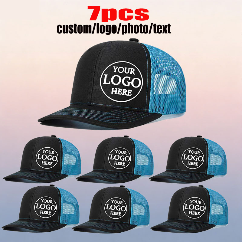 TEMU 7pcs Customizable Logo Trucker Hats - Breathable Baseball Caps With Adjustable Back Closure, Outdoor Activities And Personalized Gifts, Outdoor