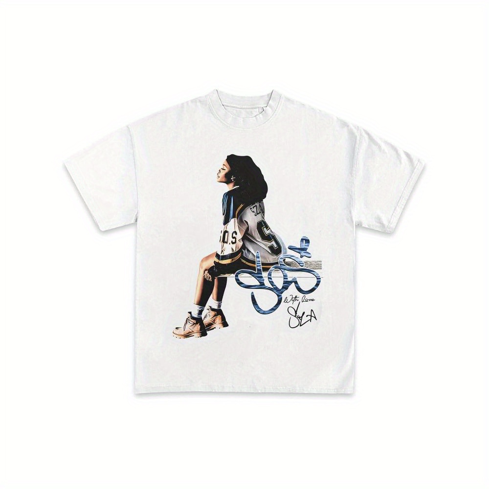 Women's Vintage Rap Graphic T-Shirt - S.Z.A Inspired, Breathable & Comfortable Casual Streetwear for Outdoor Sports and Travel, White with Blue Graffiti Design, Short Sleeve, Round Neck, Lightweight Cotton, Outdoor Sports Apparel | Round Neck Tshirt | Lightweight Fabric