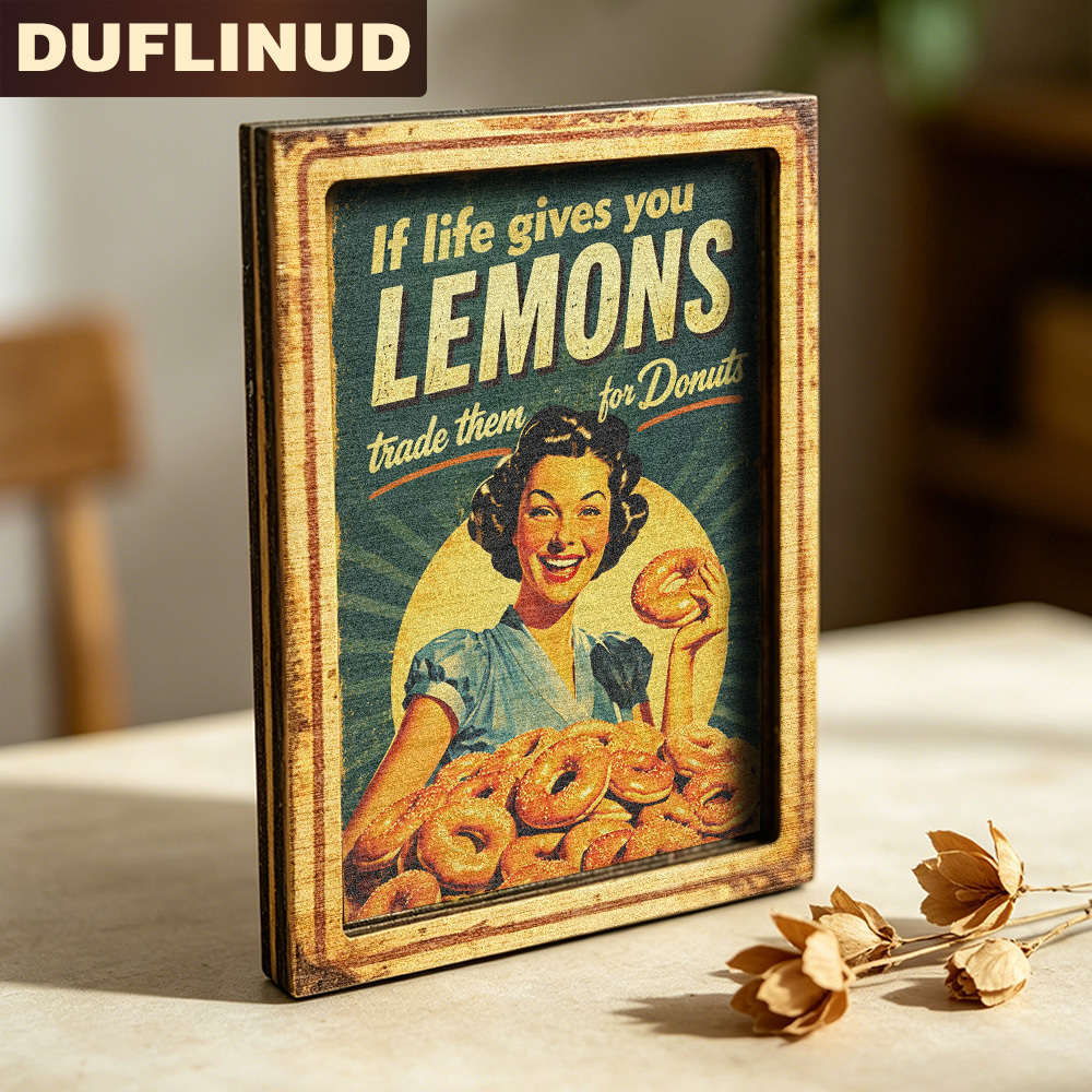 TEMU Retro Style Fridge Magnet, Mini Decorative Plaque With Retro Poster Design, Printed With Lemon And Donut Fun Slogans, Wooden Fridge Magnet,