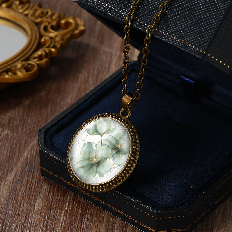 Mint Blooms with Gilded Touch Necklace, Handcrafted Glass Pendant