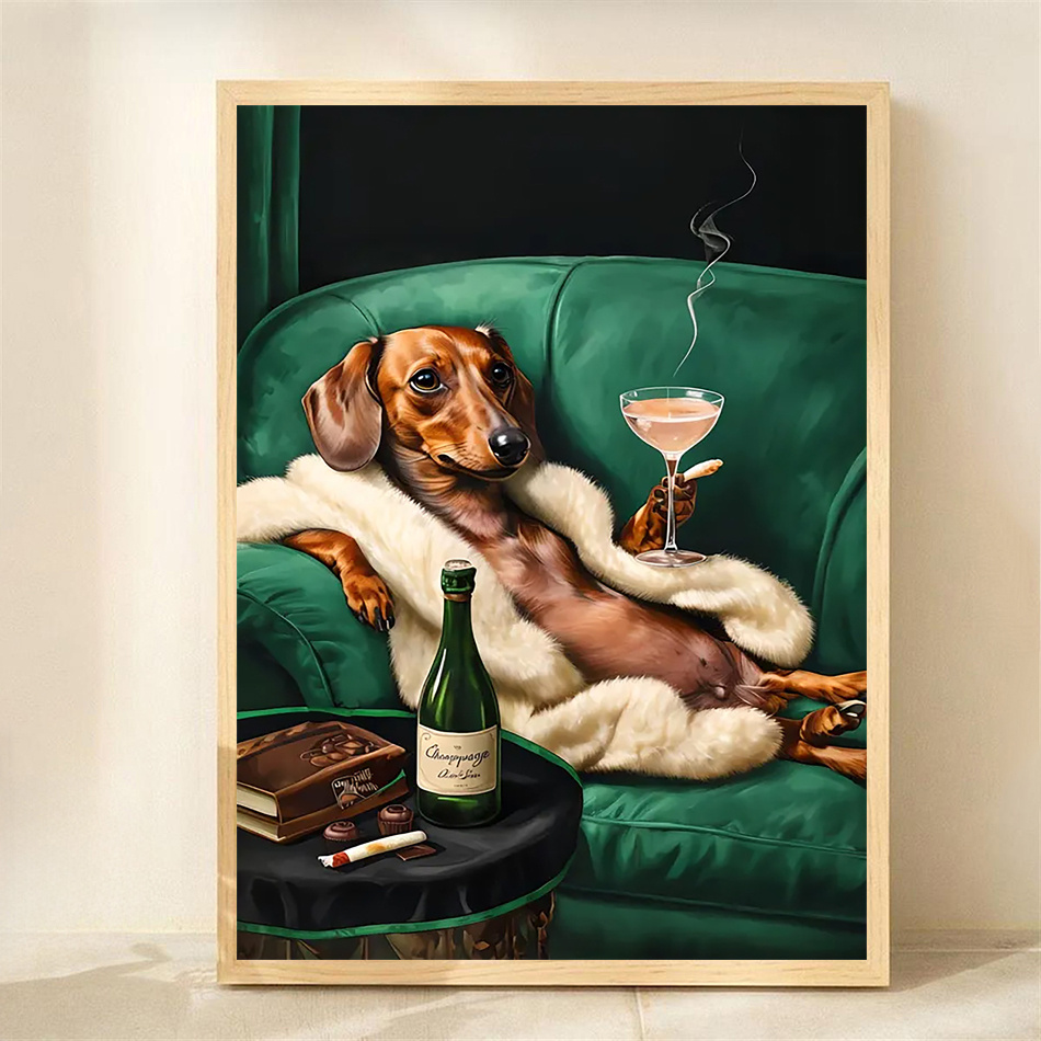 1pc 12x16 inch dachshund dog art print whimsical   portrait with martini cigar on green couch humorous   gift detailed   unframed wall decor for living room bedroom   texture dachshund 2d flat minimalist wall art dog animal canvas wall art wall art animal painted canvas wall art canvas wall art for lounge canvas wall art for bedroom canvas wall art poster oversized wall art wall art paintings wall art on canvas canvas 0